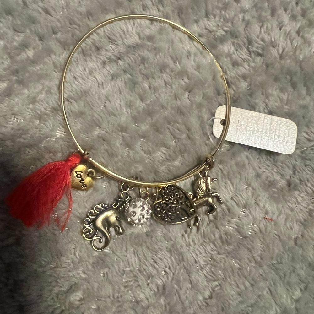 Gold Charm Bracelet with Red Tassel